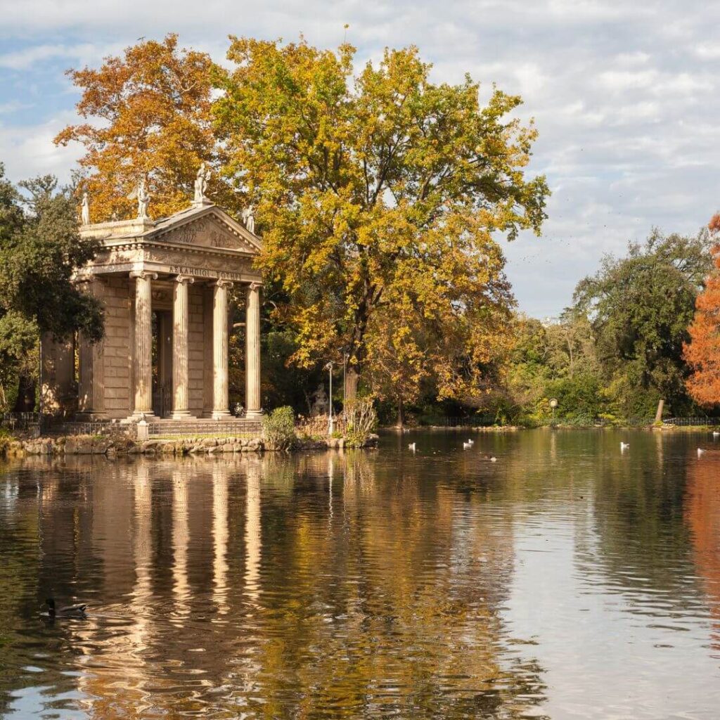 The lake at the Borghese Gardens in Rome Italy in autumn