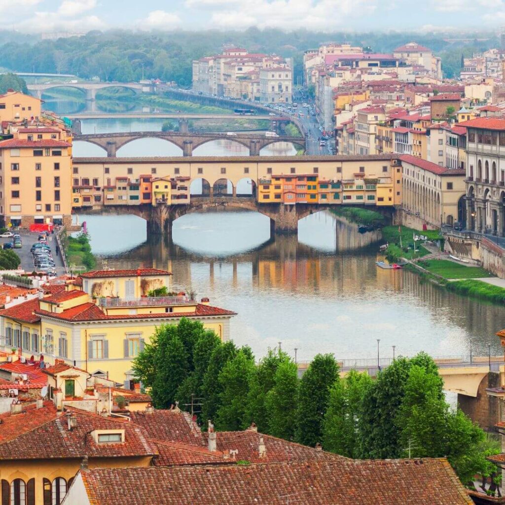 The Ponte Vecchio stands across the Arno in Florence Italy.
