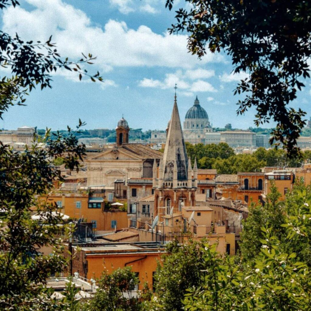 The view over Rome to St. Peters from the gardens of the Villa Borghese in Rome Italy