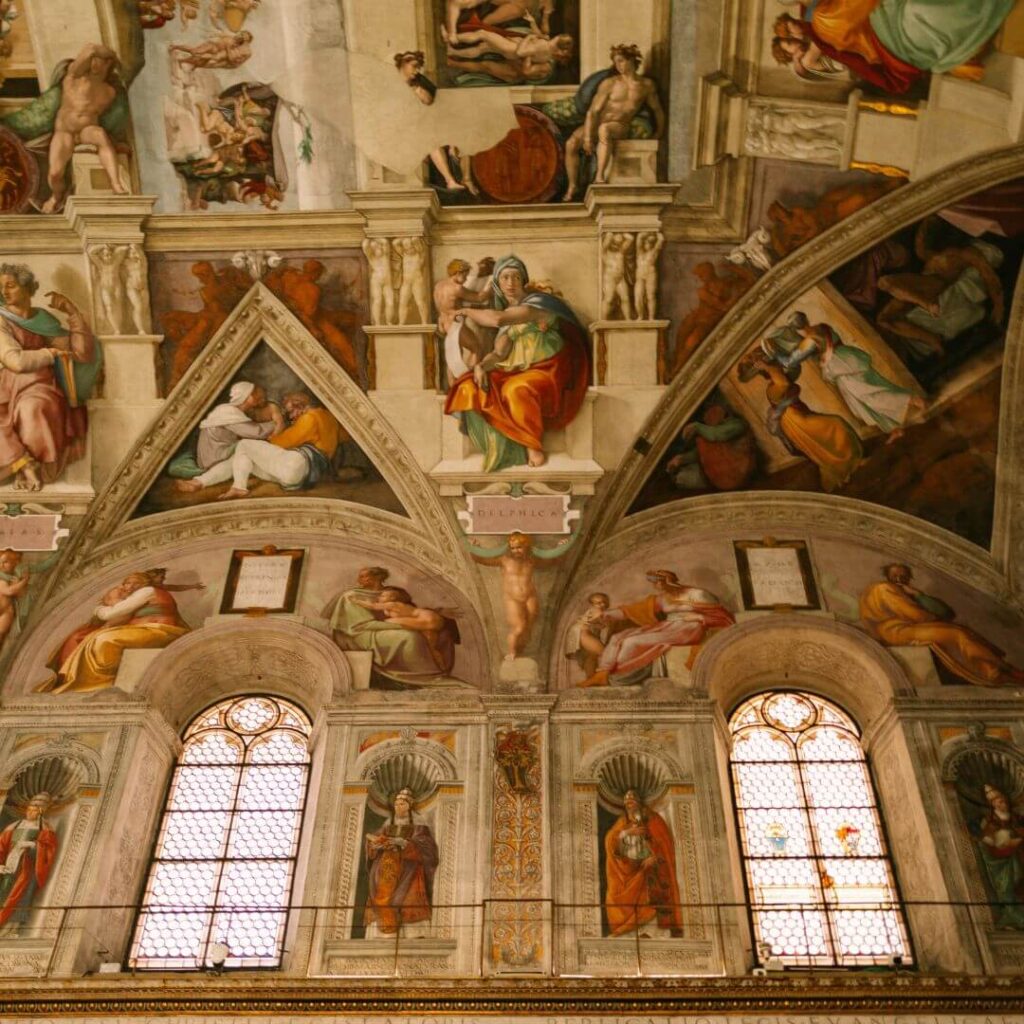 The interior frescoes of the Sistine Chapel, painted by Michelangelo, in Vatican City, Rome Italy