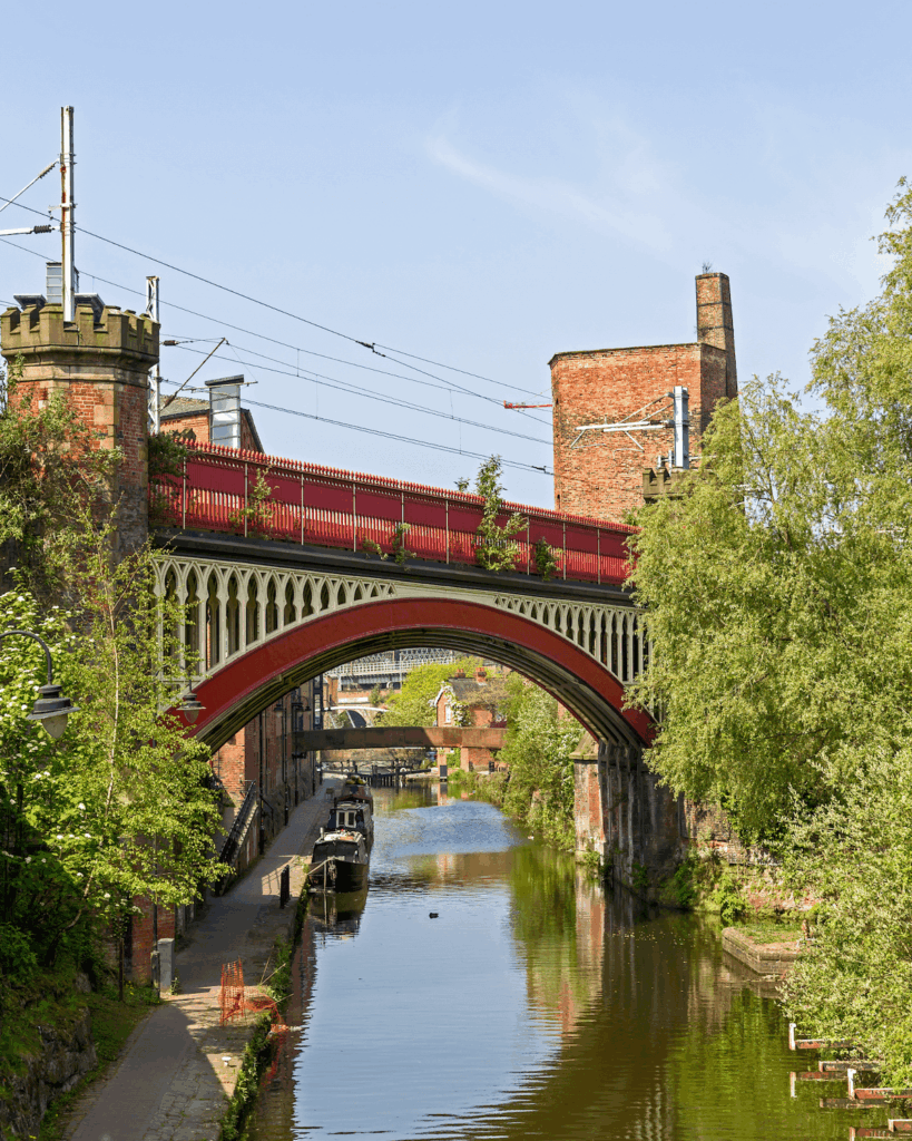 Walkways along the Castlefield canal with brick arches and Victorian viaducts