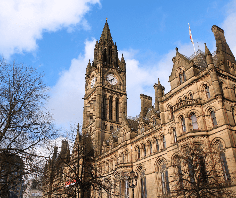 Manchester Town Hall in Albert Square with Gothic Revival clock tower
