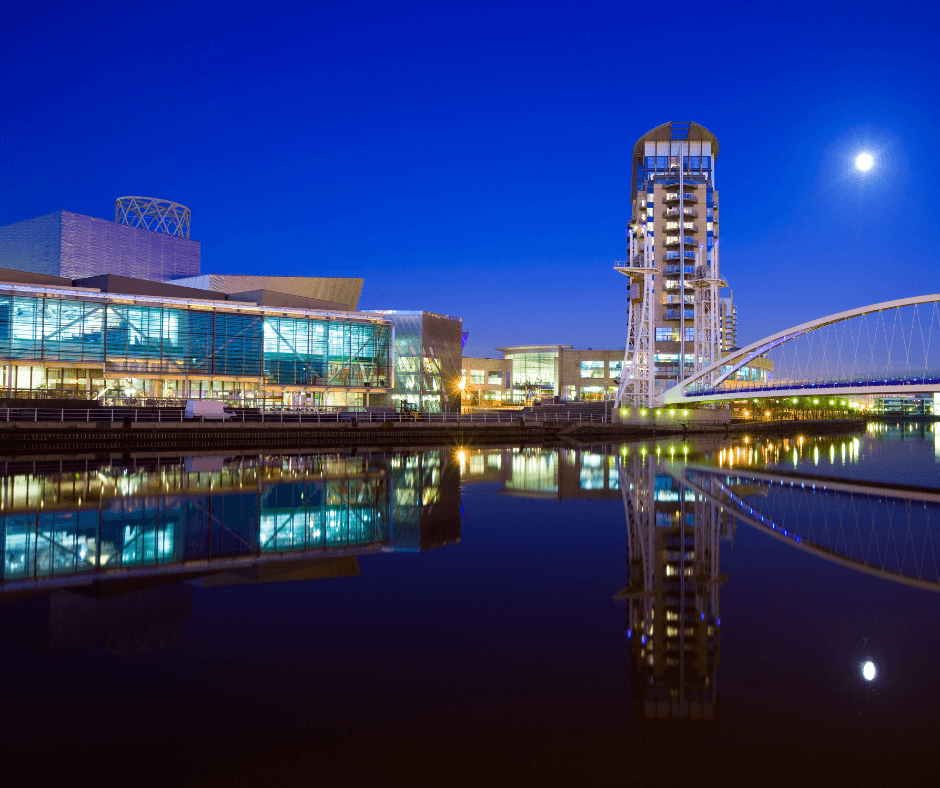 Manchester cityscape at night with illuminated modern buildings and canals