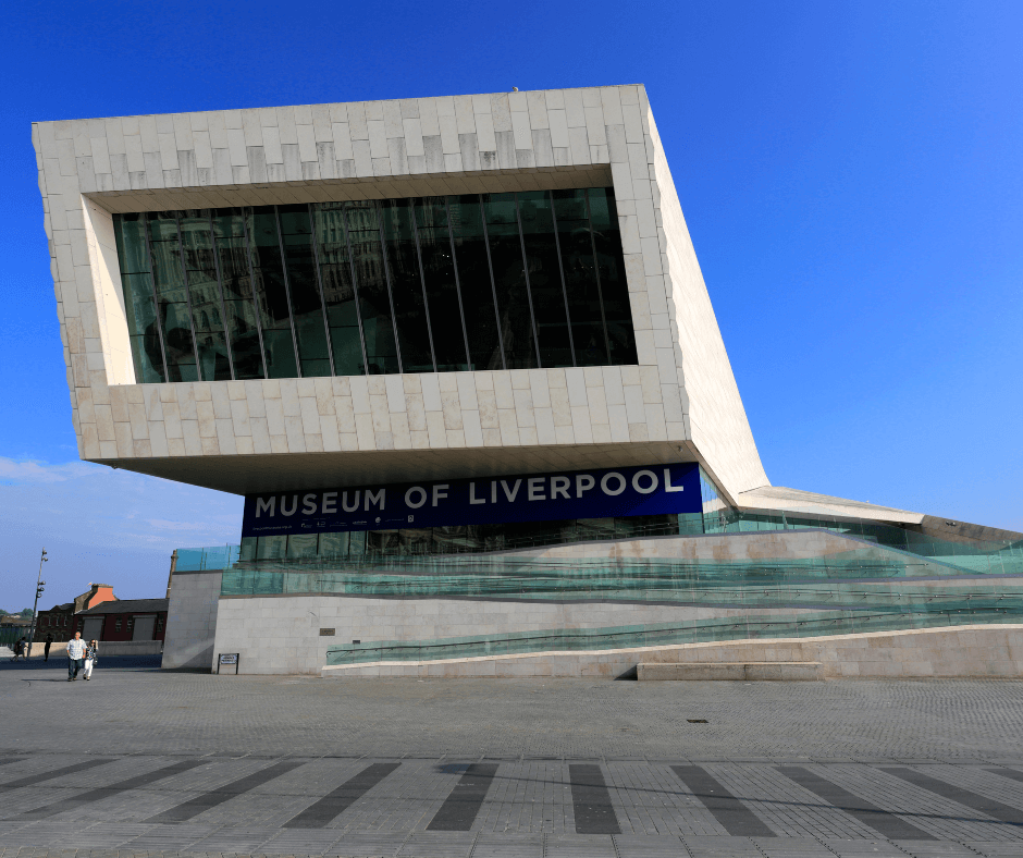 Modern white angular building of the Museum of Liverpool on the waterfront