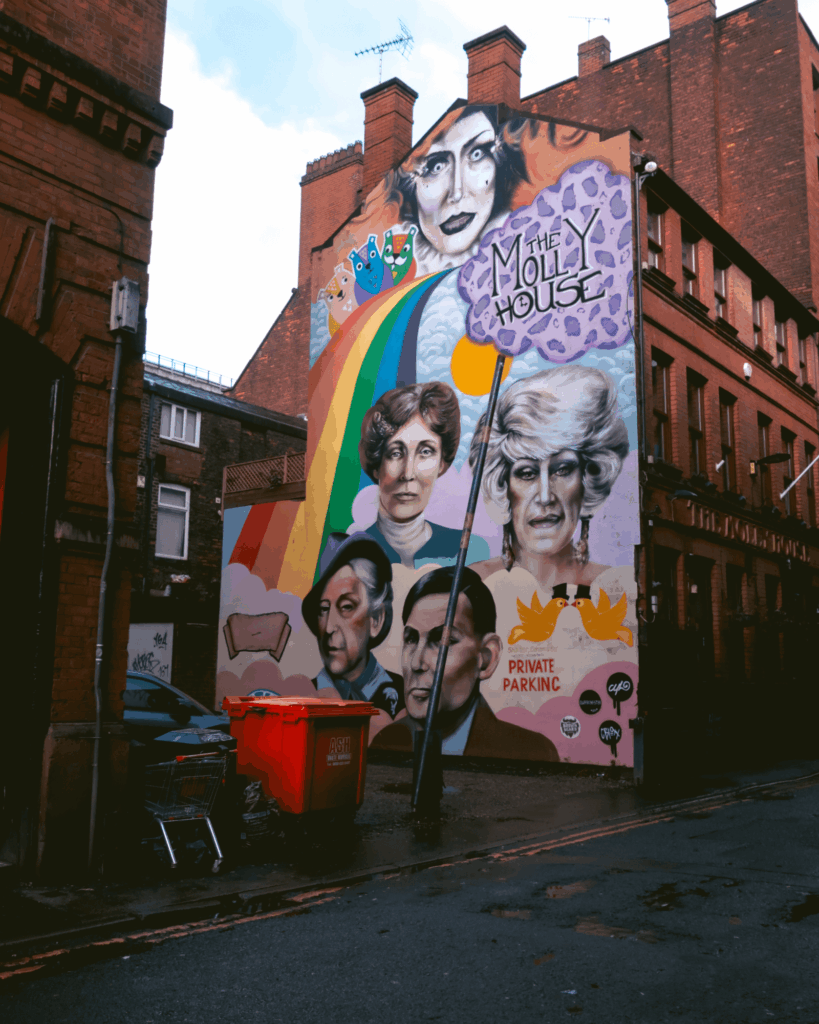 Colorful street mural on a building wall in Manchester’s Northern Quarter
