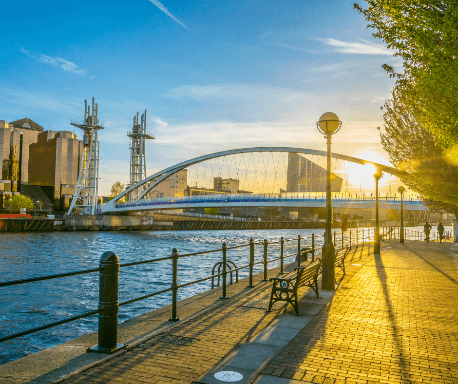 Modern architecture and water reflections at Salford Quays