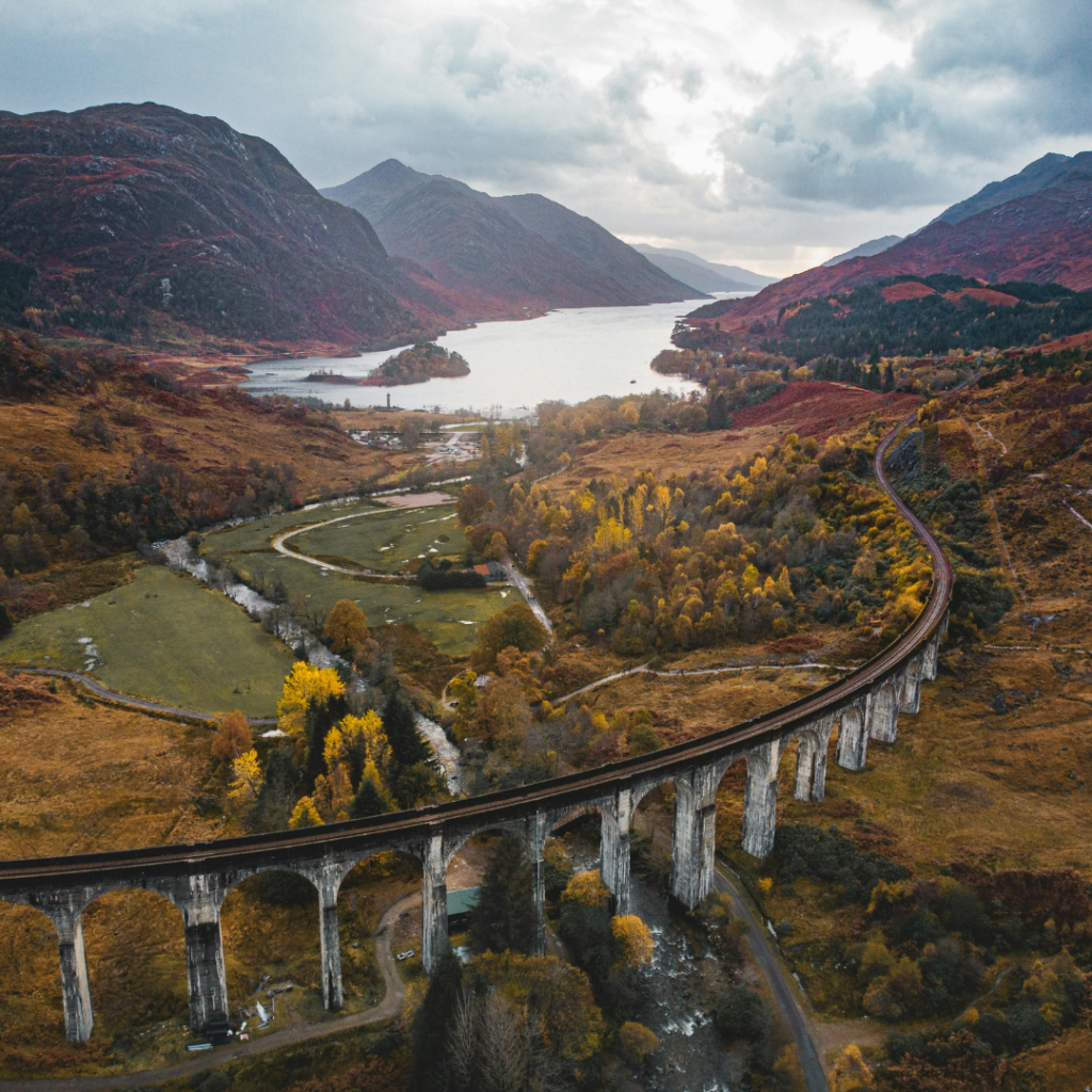 Glenfinnan Viaduct with loch in the background in the western Scottish Highlands, Scotland