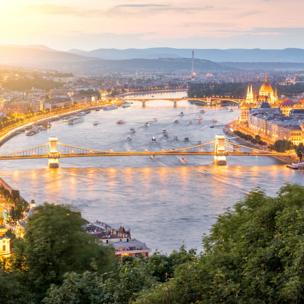 Sunset view of Budapest, Hungary, along the Danube river