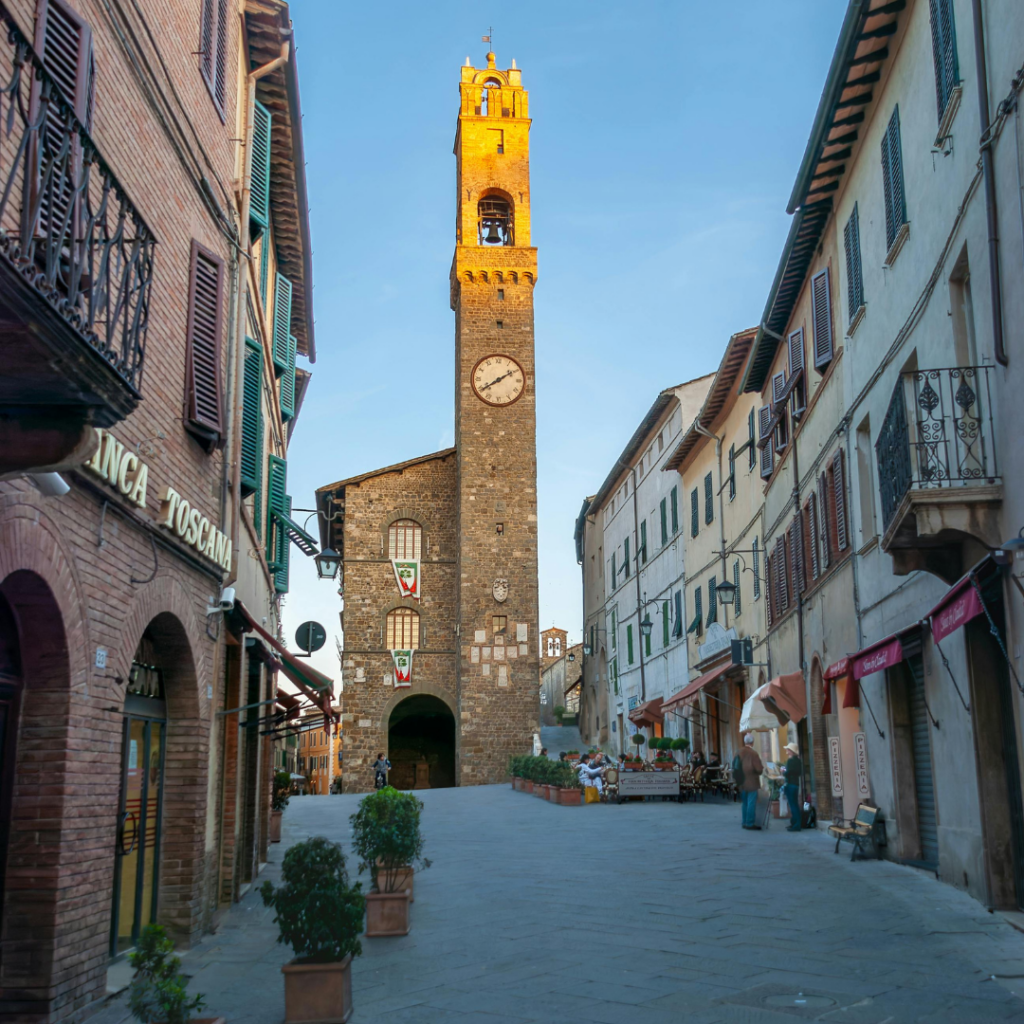 An ancient clock tower in Montalcino, Tuscany, Italy