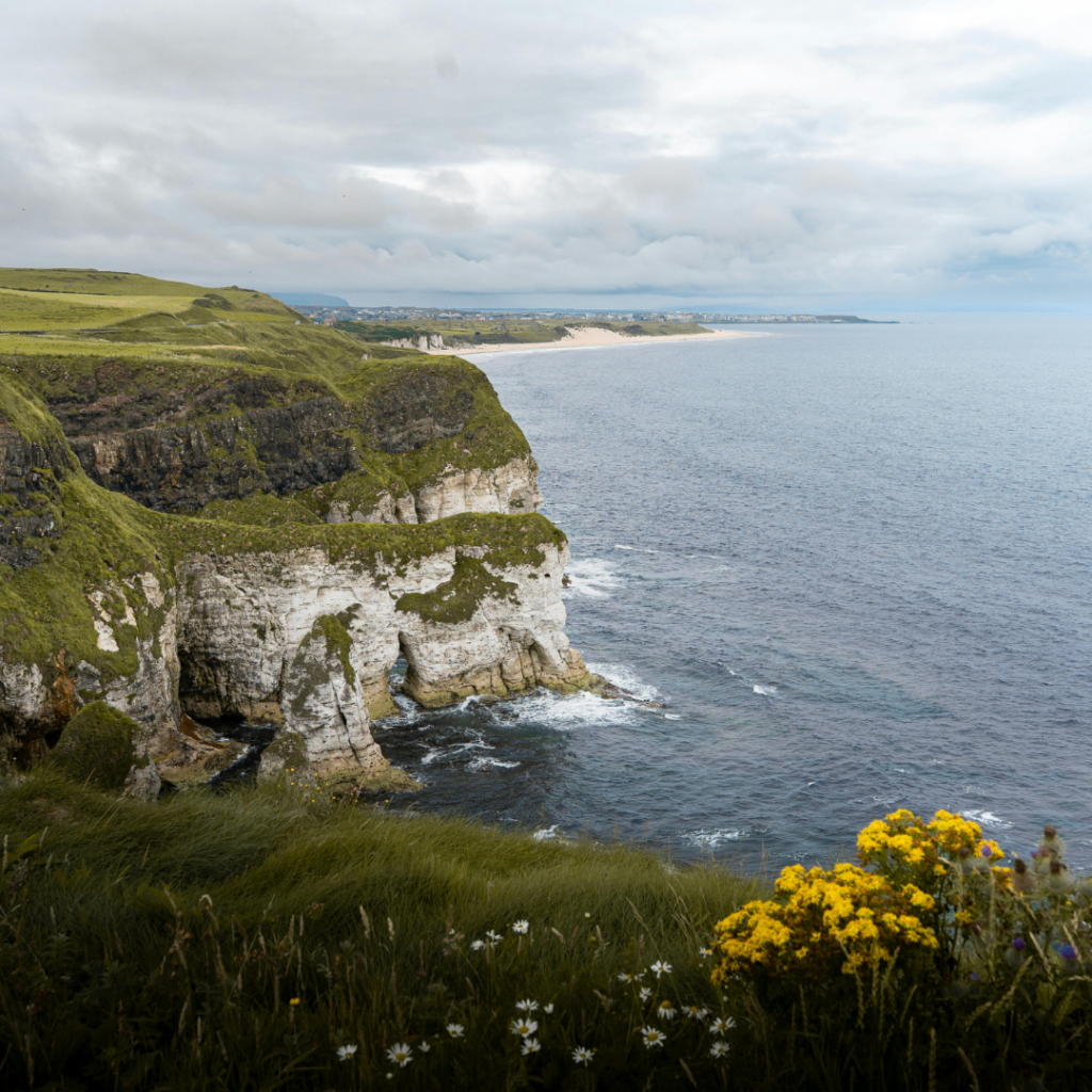 Coastal cliffs and beaches along the Northern Ireland coastline