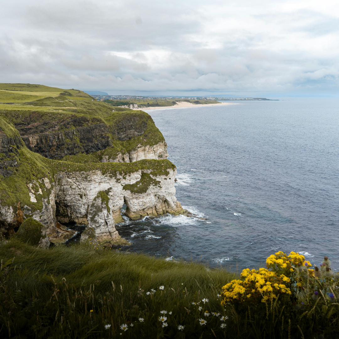 Coastal cliffs and beaches along the Northern Ireland coastline