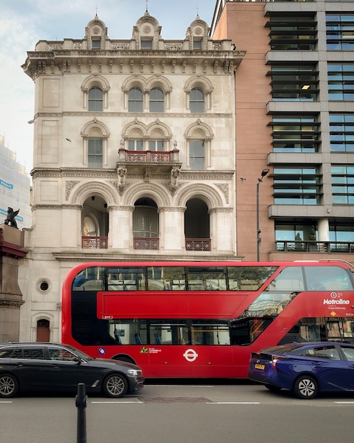 An iconic red London double decker bus