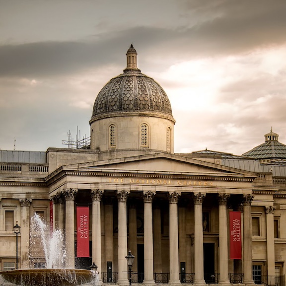 The Trafalgar Square entrance of the National Gallery in London