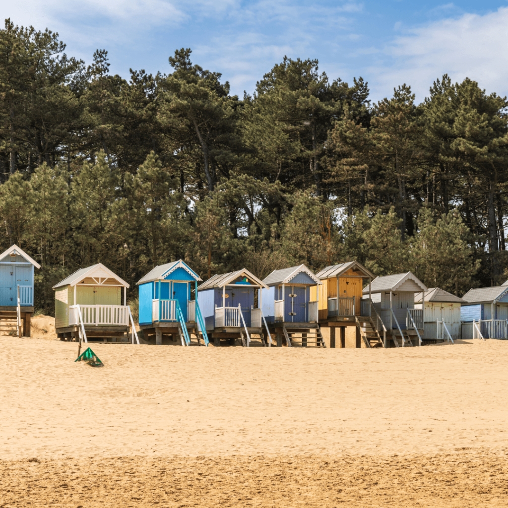 Beach huts and Wells-next-the-Sea in the region of East England