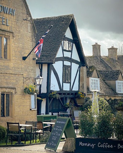 A half-timbered pub in Broadway, one of the prettiest villages in the Cotswolds