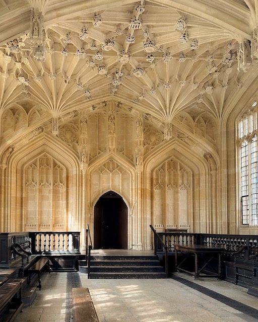 The beautiful fan vaulting on the ceiling of the Divinity School at Oxford University