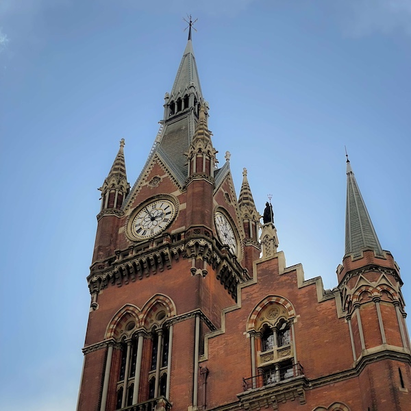 The famous clock tower of the St. Pancras Renaissance Hotel