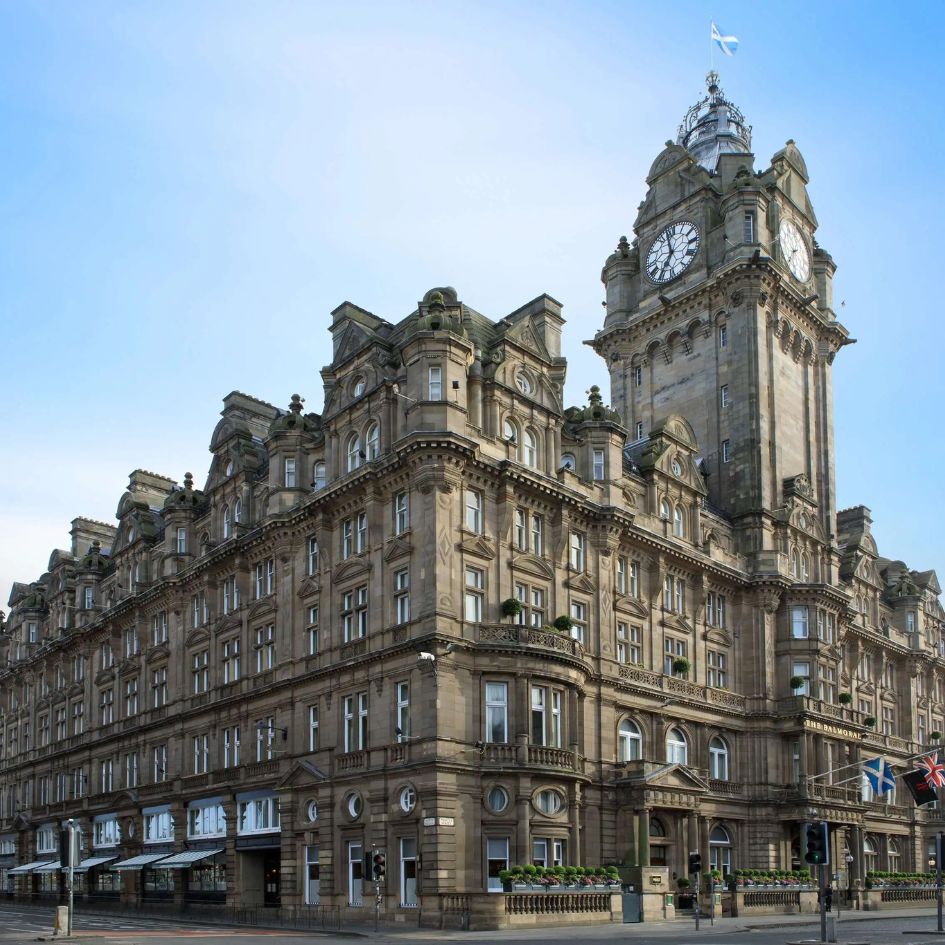 The iconic clock tower of The Balmoral Hotel in Edinburgh