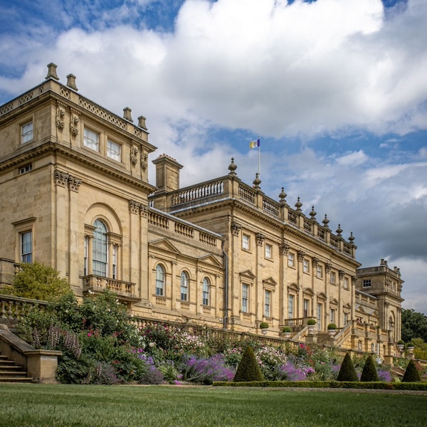 The elegant facade of Harewood House in West Yorkshire