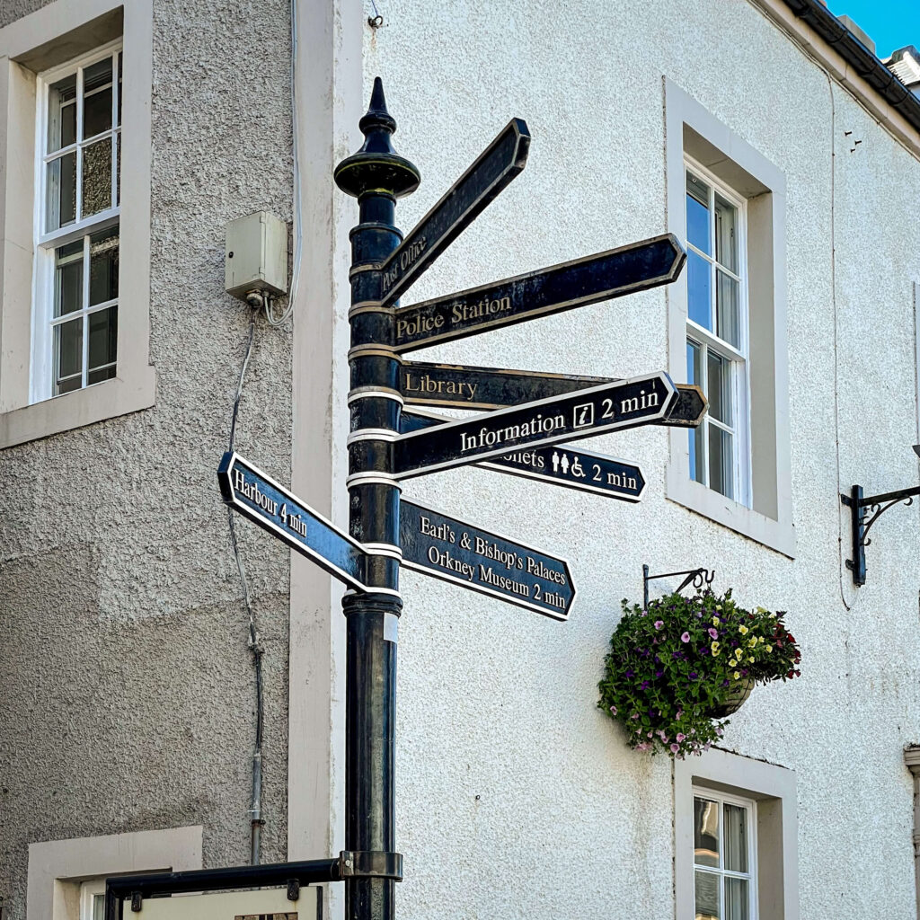 A directional sign in Kirkwall Scotland