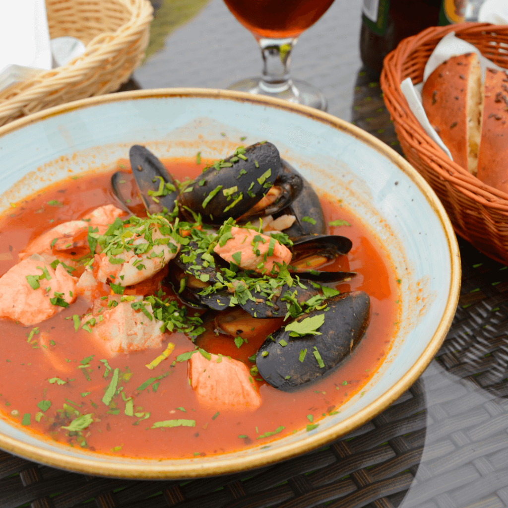 A bowl of bouillabaisse, an example of regional french food from Provence