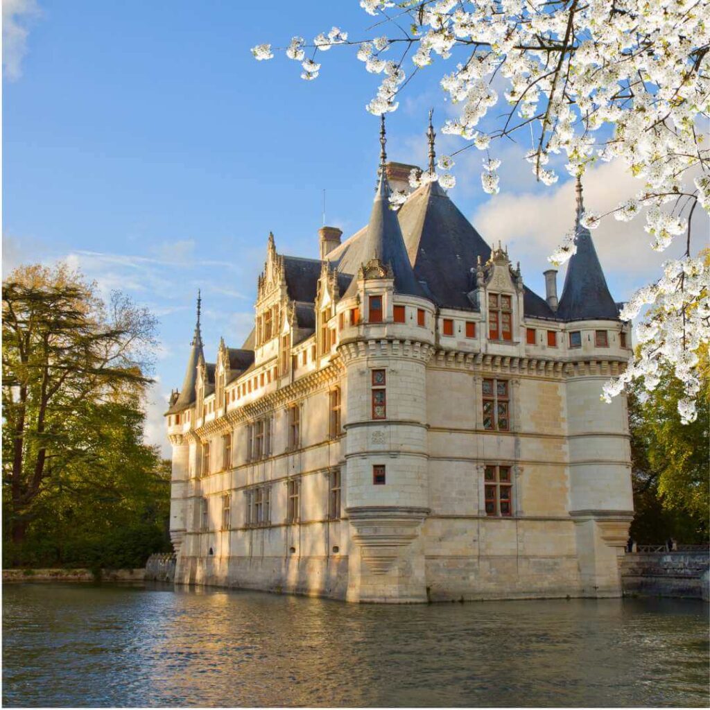 Chateau d'Azay-le-Rideau on the Indre River with a white blossoming tree in the foreground