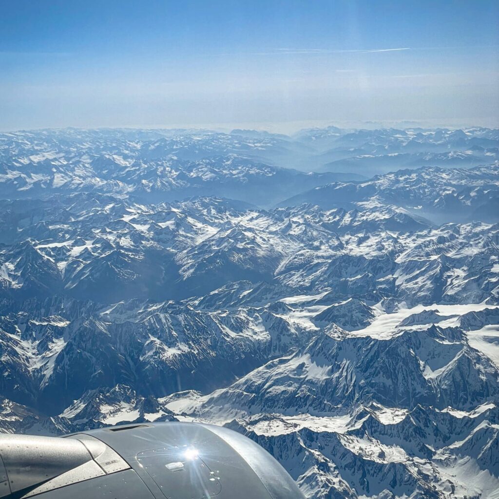 Aerial view of the snow covered Alps from the airplane