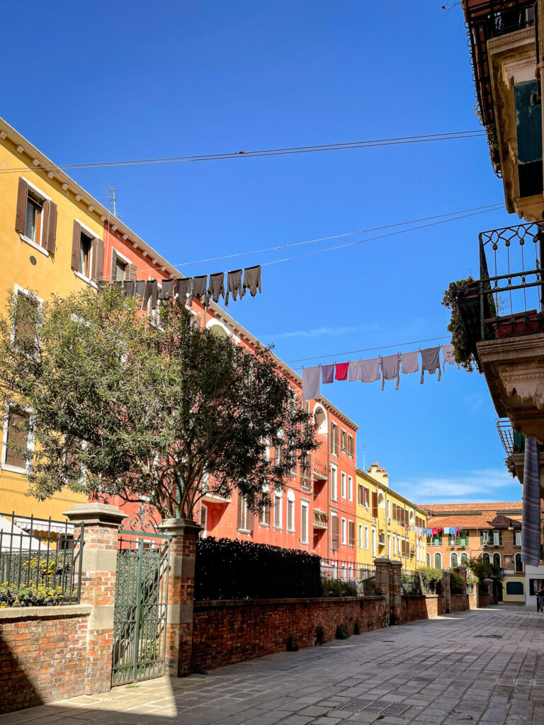 Clothes hanging on the line across the street on the island of Giudecca in Venice, Italy