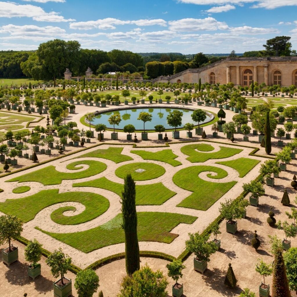 The orangery and elaborate Versailles palace gardens