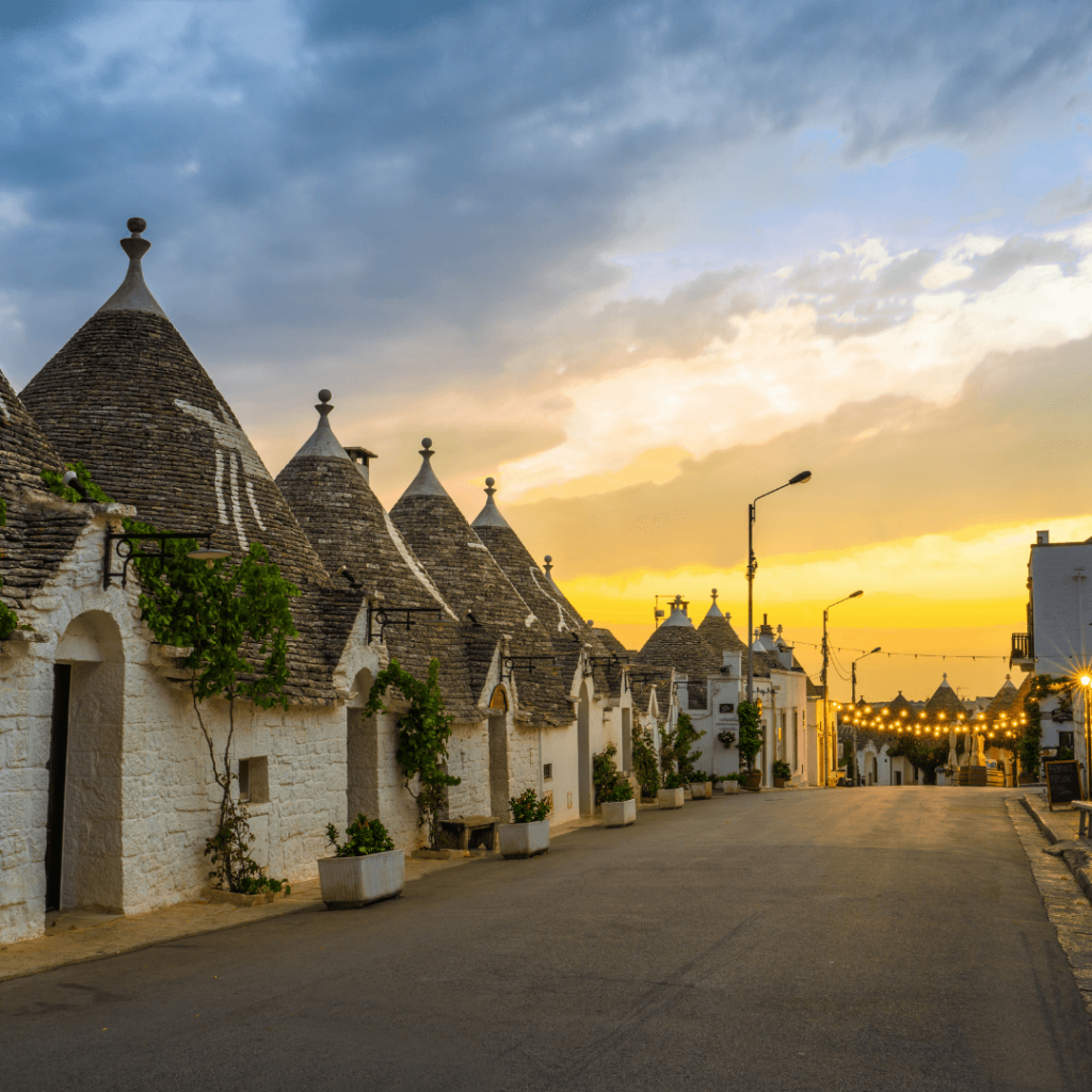 Conical roofs and whitewashed walls of Trulli houses in Alberobello