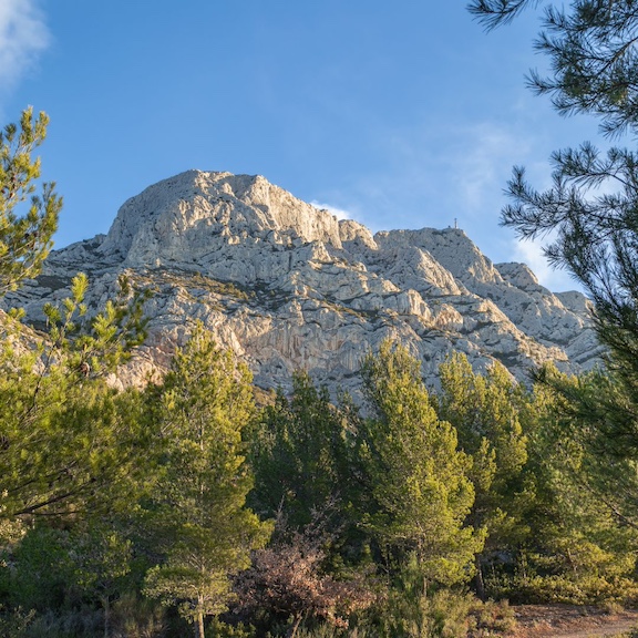 Montagne Saint Victoire against a blue sky with green trees in the foreground below the treeline.