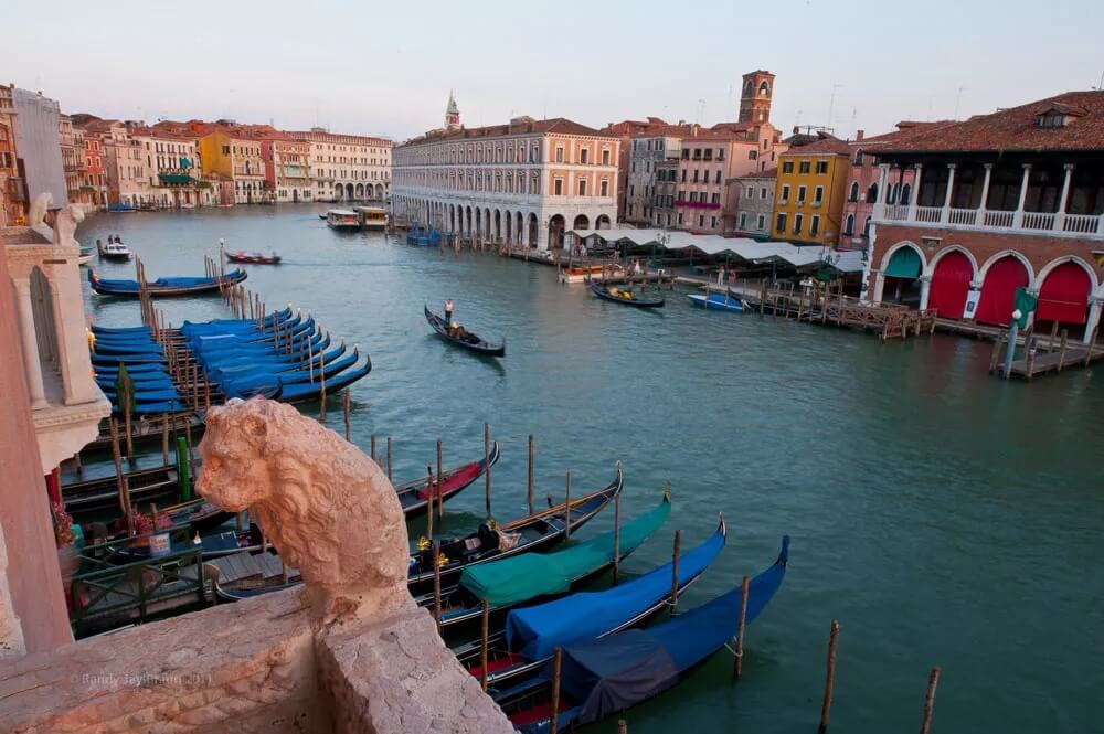 View of the Grand Canal from one the of the top floors of Ca' Sagredo, one of the luxury hotels in Venice, Italy