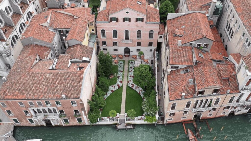 Aerial garden view of the Palazzo Venart Luxury Hotel on the Grand Canal in Venice Italy